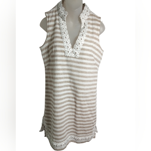 Eliza J Womens Striped Linen V Neck Lace Trim Circle Detail Summer Dress Size 8 - Picture 2 of 10